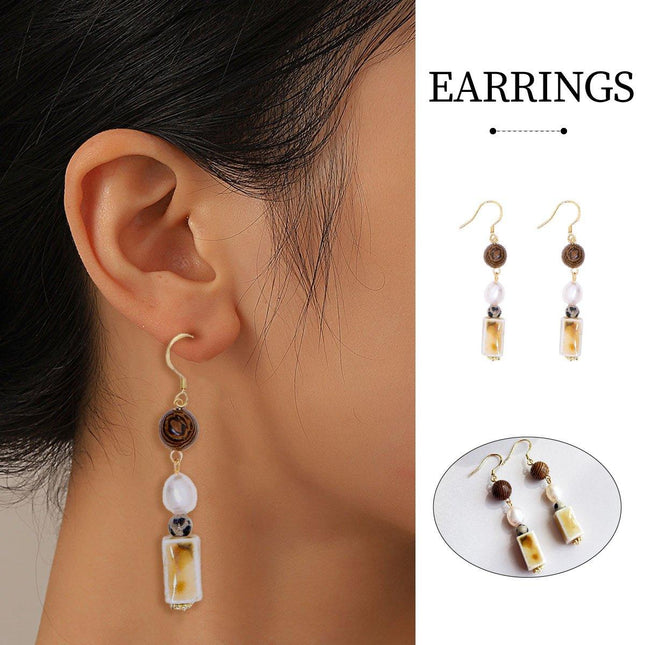 Ceramic Round Cake Earrings Wooden Bead Design Lightweight Jewellery for Women