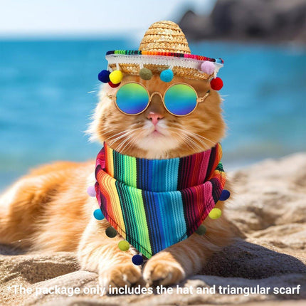 2pcs Striped Triangle Scarf Colourful Hairball Pet Straw Hat Scarf Set for Pets
