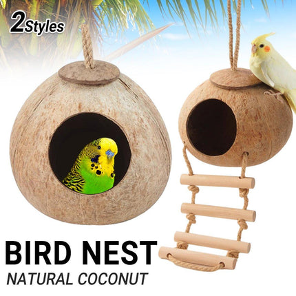 Natural Coconut Bird Nest Cage Pet Parrot Parakeet Safe Hut Feeder Shell Home - Aimall