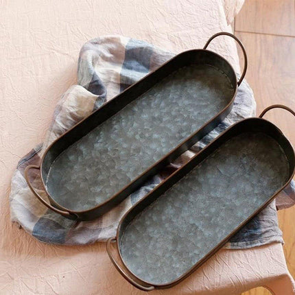 2Pcs Metal Galvanized Tray Metal Decor Chic Farmhouse Tray Centerpiece Oval Tray