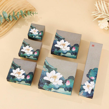 50pcs Blue Vintage Lotus Jewelry Box Paper Packaging Gift Boxes for Jewelry
