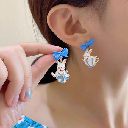 Cartoon Rabbit Earrings with Blue Bow Irregular Shape Cute Fashion Jewelry