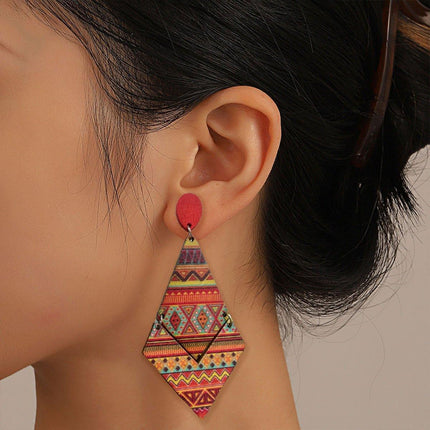 Boho Print Wood Earrings Diamond Shape Drop Dangle Fashion Jewelry for Women
