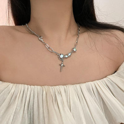 Moonstone Pendant Necklace Cool Tone Clavicle Chain for Women Girls Jewelry Gift - Aimall
