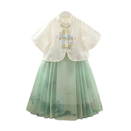 Girls Short Sleeve Dress Chinese Style Skirt Traditional Summer Outfit
