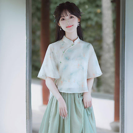 Chinese Style Girl Two-Piece Set New Retro Printed Improved Cheongsam