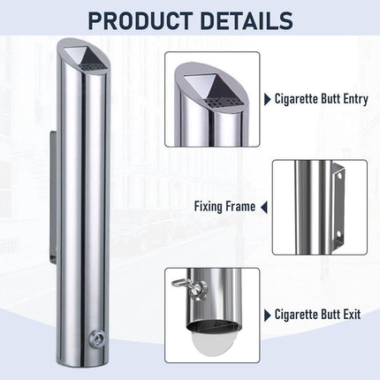 Wall Mounted Ashtray Stainless Steel 1.8L Floor Standing Vertical Trash Bin