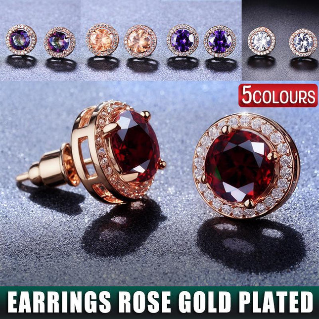 Red Garnet Diamond Halo Round Stud Earring Push Back Rose Gold Plated Women Gift - Aimall