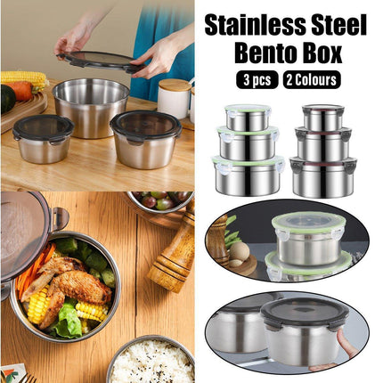 3PCS Stainless Steel Sealed Crisper Storage Box with Lid Round Food Lunch Box