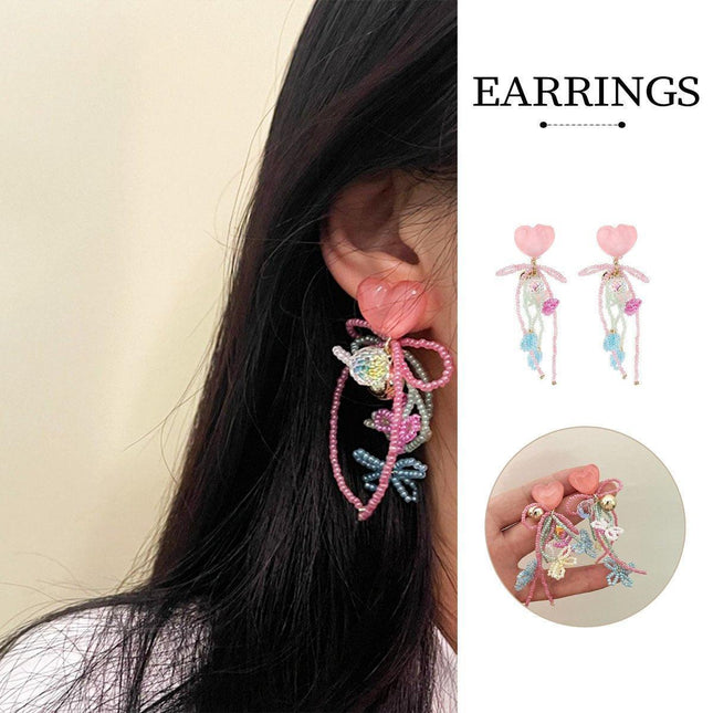Cute Girly Pink Love Beaded Earrings Bow Bells Fashion Jewellery Women