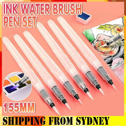 6x Artist Ink Water Brush Pen Set For Watercolor Calligraphy Painting Drawing - Aimall