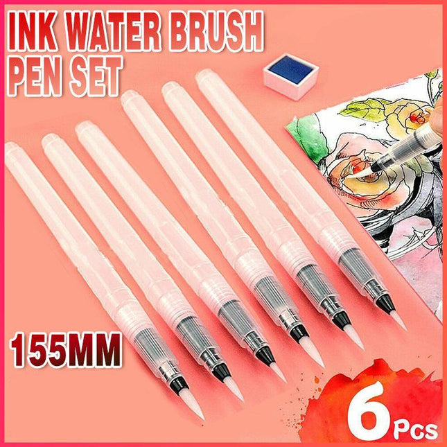 6x Artist Ink Water Brush Pen Set For Watercolor Calligraphy Painting Drawing - Aimall