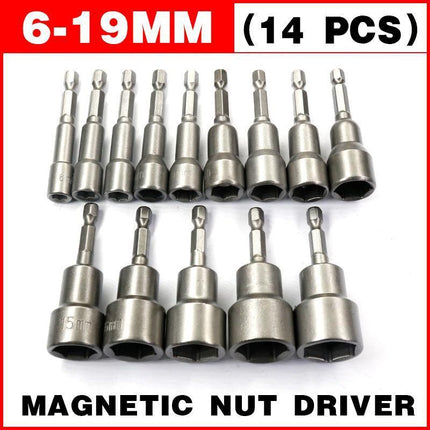 14 Size Socket Magnetic Nut Driver Set Drill Bit Adapter 1/4'' Hex Shank 6-19MM - Aimall