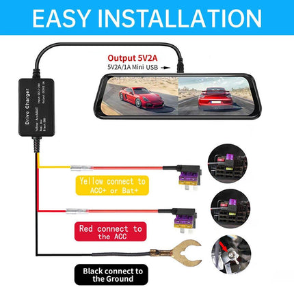 Retractable Dashcam Power Cord Video Streaming Media 24-Hour Car Parking Monitor