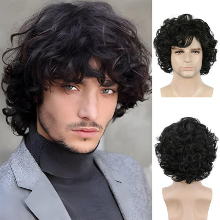 Mens Short Curly Hair Wig Black Natural Looking Hairpiece for Daily Costume Use