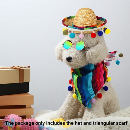 2pcs Striped Triangle Scarf Colourful Hairball Pet Straw Hat Scarf Set for Pets