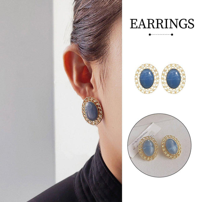 Elegant Blue Oil Drop Oval Earrings Retro Fashion Silver Needle Women Jewelry