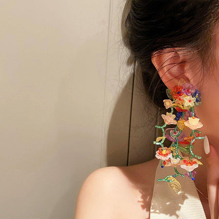 Colourful Flower Long Drop Earrings Elegant Sweet Jewelry for Women Fashion Gift