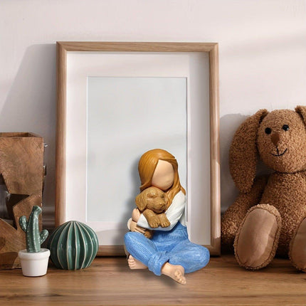 Little Girl Holding Dog Resin Figurine Cute Home Decoration Gift for Pet Lovers
