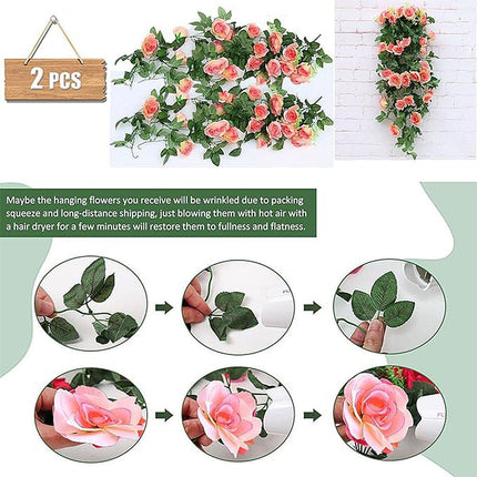 2PCS Artificial Rose Flower Garland Hanging Vine Home Wall Decor Fake Rattan