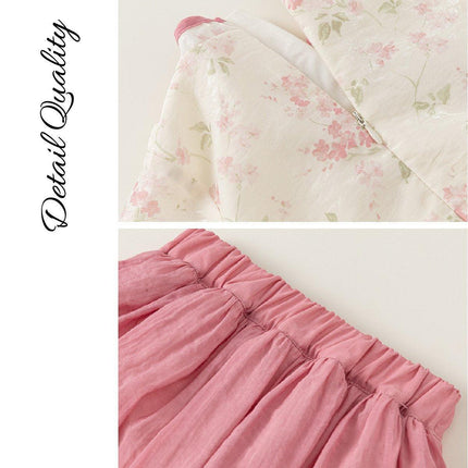 New Chinese Hanfu Girls Floral Two-Piece Pink Cheongsam Half-Skirt Outfit