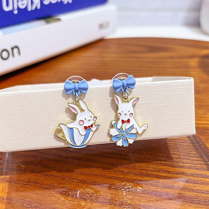 Cartoon Rabbit Earrings with Blue Bow Irregular Shape Cute Fashion Jewelry
