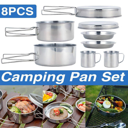 8PCS Camping Cookware Stainless Steel Outdoor Picnic Pot Cook Pan Set Hiking BBQ - Aimall