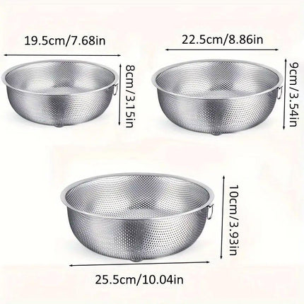 3PCS Stainless Steel Drain Basket Rice Washing Sieve Double Ear Strainer Basin