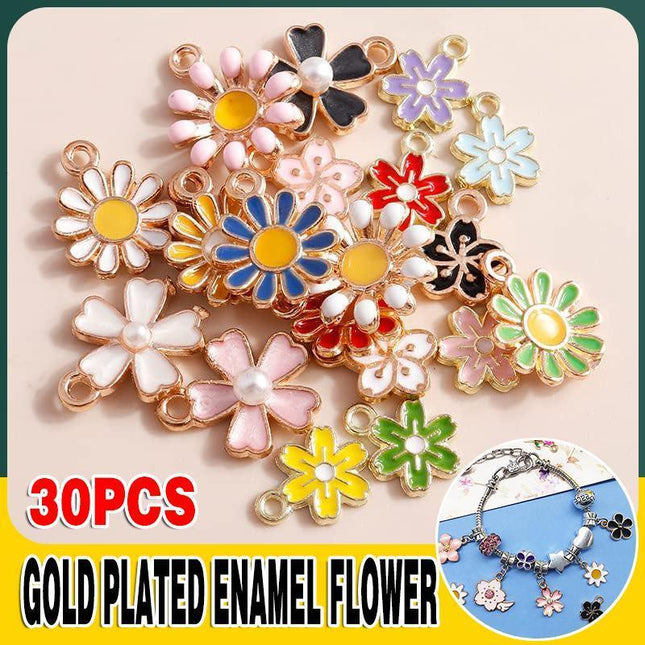 30PCS Assorted Gold Plated Enamel Flower Charms Pendant DIY For Jewelry Making - Aimall