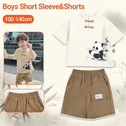 Boys Short Sleeve Panda Print Summer Cotton Outfit Casual Two Piece Set