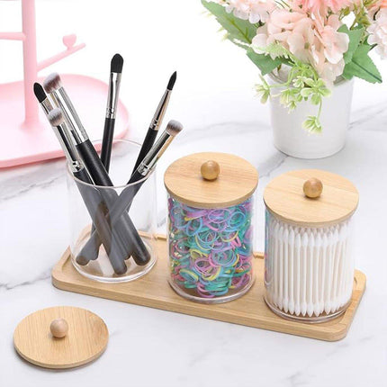 3pcs/set Cotton Swab Holder with Vanity Tray Clear Apothecary Jar Wood Lids