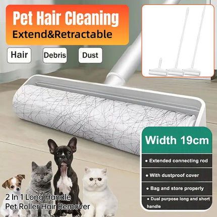 Dual Purpose Pet Hair Removal Roller Long Handle Sticky Lint Brush for Bed Floor