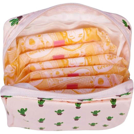 3PCS Cotton Sanitary Napkin Storage Bag Pink Leaves Cactus Dots Portable Pouch