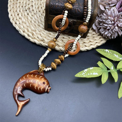 Long Wood Necklace with Fish Pendant Unique Fashion Jewelry Ornament
