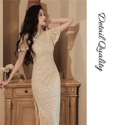 Mid-Length Lace Cheongsam Dress Retro Improved Slim-Fit Chinese Qipao Gown
