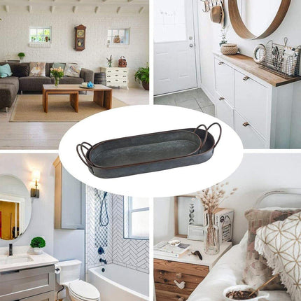 2Pcs Metal Galvanized Tray Metal Decor Chic Farmhouse Tray Centerpiece Oval Tray