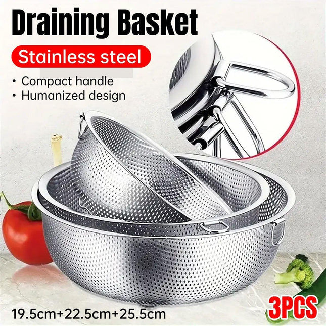 3PCS Stainless Steel Drain Basket Rice Washing Sieve Double Ear Strainer Basin
