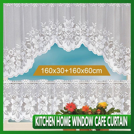 2Pcs/Set White Lace Kitchen Home Window Cafe Curtain W Scallope Edge 160Cm Wide - Aimall