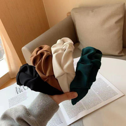 Women Fashionable Vintage Ruffled Wide Edge Solid Colour Hair Band Hoop Headband - Aimall