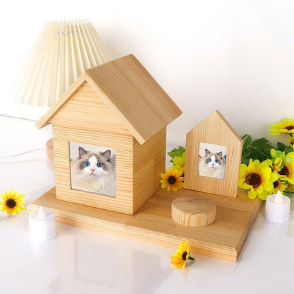 Pet House Urns Dog Cat Ashes Urn with Photo Frame Memory Box Wooden Memorial Pet - Aimall
