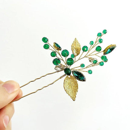 Wedding Bridal U Shaped Hairpins Emerald Green Leaf Bun Clips Women Rhinestone