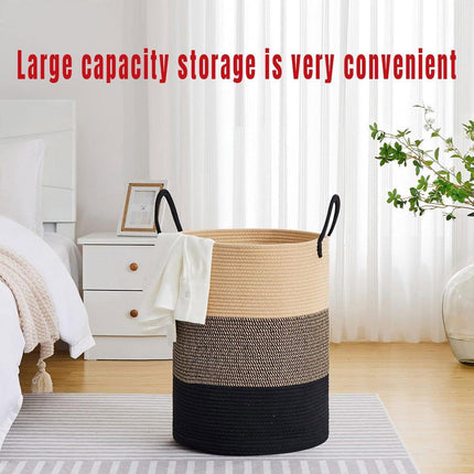 Woven Cotton Rope Storage Basket Foldable Laundry Bin Bamboo Clothes Organizer