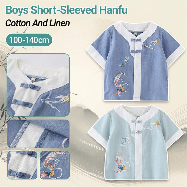 Boys Chinese Traditional Outfit Summer Cotton Linen Short Sleeve Top