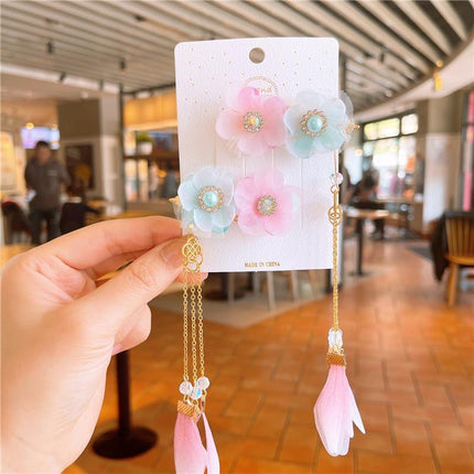 2Pcs Hanfu Flower Hair Clip Pearl Tassel Butterfly Hairpin Female/Children Party - Aimall