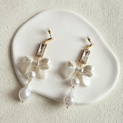 Sweet White Bow Long Earrings for Girls Elegant Fashion Dangle Jewelry Gift