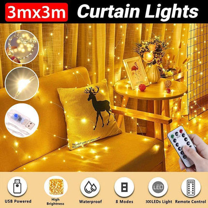 3Mx3M 300 LED Fairy String Light Outdoor Garden Wedding Party Curtain Lamp Xmas - Aimall