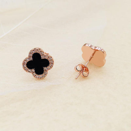 Fashion Flower Four-leaf Lucky Clover Rose Gold White Stud Earring Ladies - Aimall