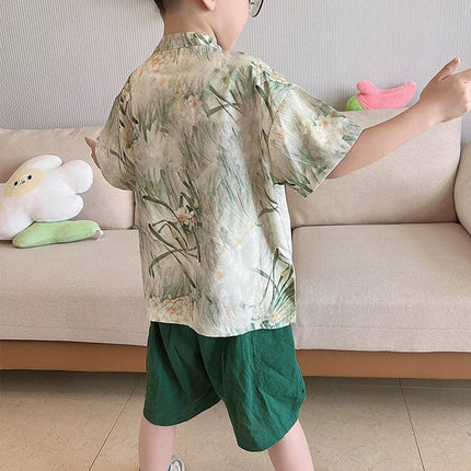 Summer Chinese-style Boys Green Short-Sleeved Shirt Short Pant Two-Piece Thin