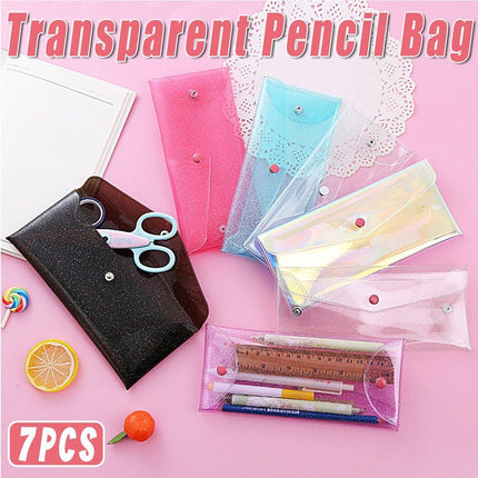 7pcs Transparent Pencil Case Storage Bag Portable Colorful Buckle Organizer Pack