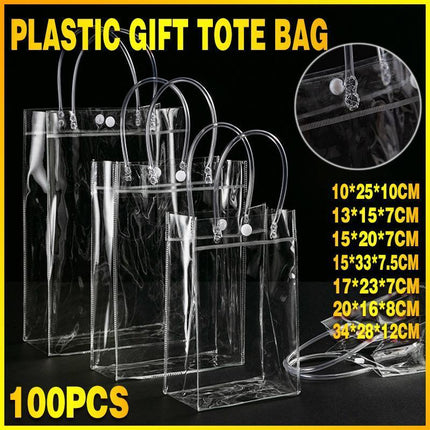 100x PVC Transparent Gift Tote Bag with Snap Button for Packaging - Aimall